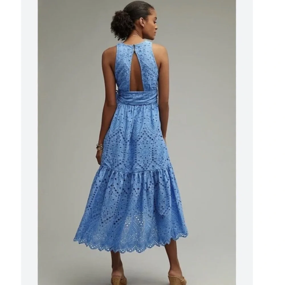 Maeve Anthropologie Blue Eyelet Midi Dress Size 12 Tie Waist Boho - Picture 5 of 15
